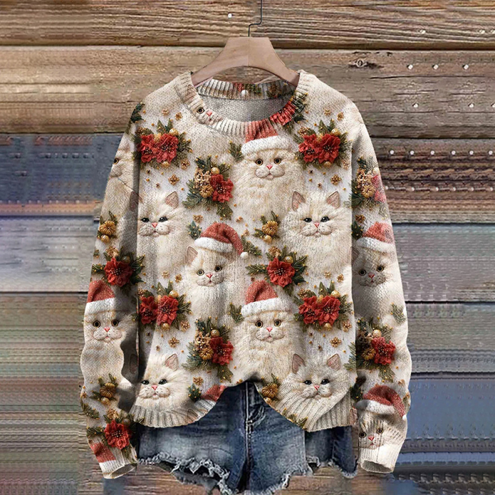 Cute Cat Christmas Art Print Knit Pullover Sweater