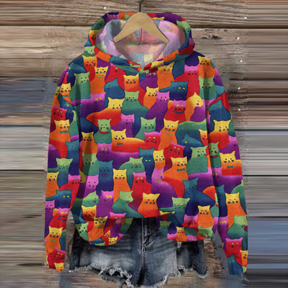 Cute Cat Color Block Print Long Sleeve Casual Hoodie