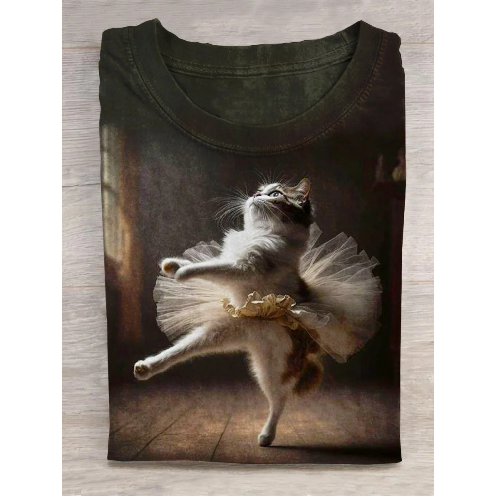 Cute Cat Dancing Art Print Casual Long Sleeve T-shirt