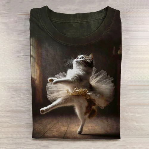 Cute Cat Dancing Art Print Casual Long Sleeve T-shirt