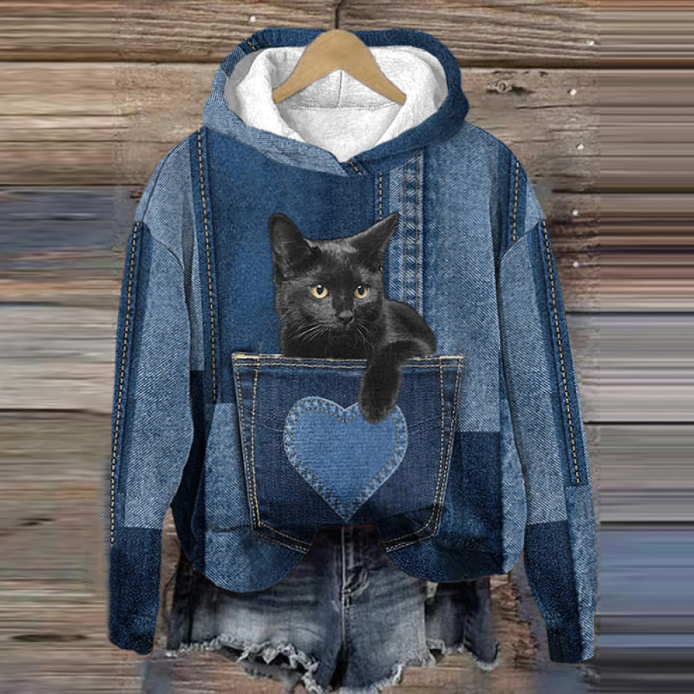Cute Cat Denim Print Hoodie