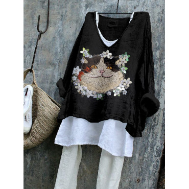 Cute Cat Embroidery Art Comfy Flowy Tunic
