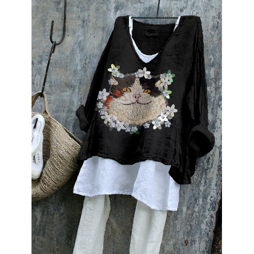 Cute Cat Embroidery Art Comfy Flowy Tunic