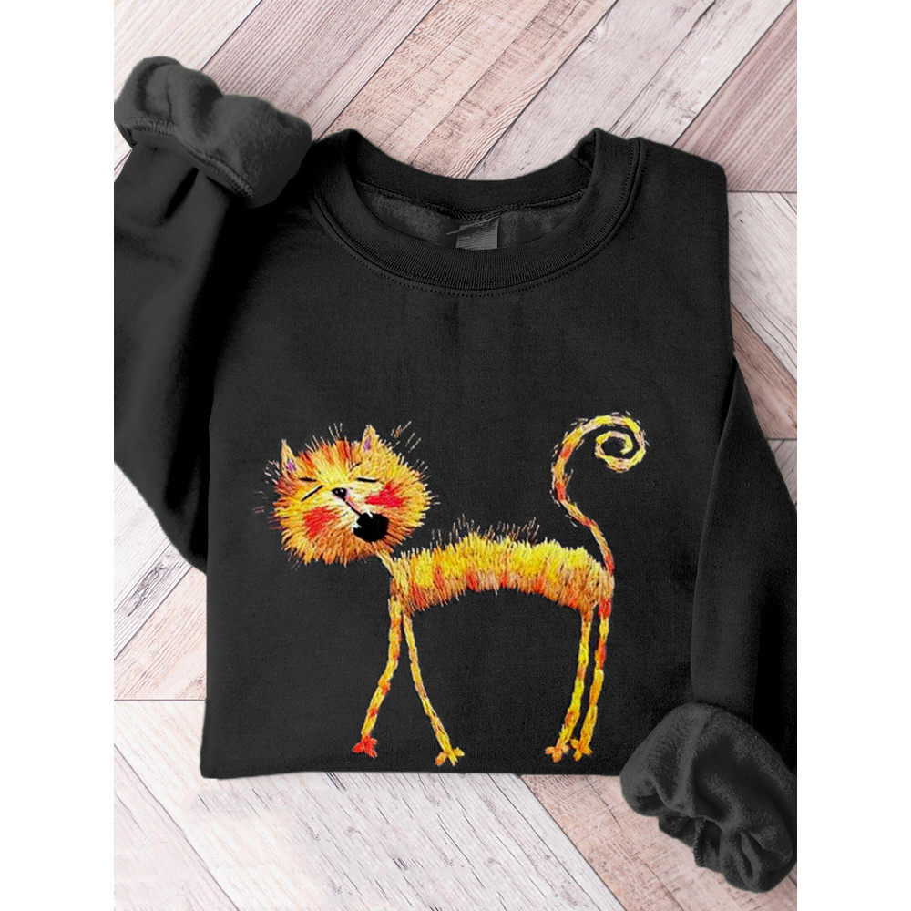 Cute Cat Embroidery Art Comfy Sweatshirt