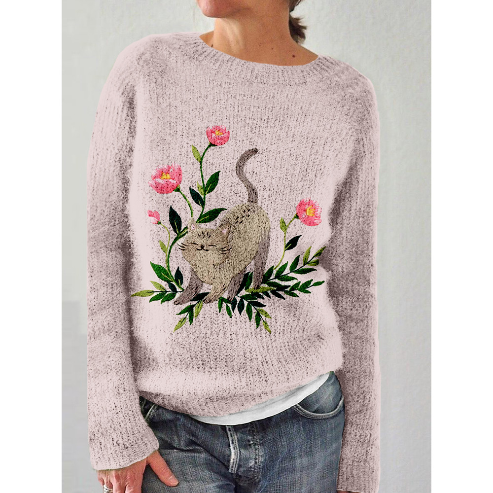 Cute Cat Embroidery Art Cozy Sweater