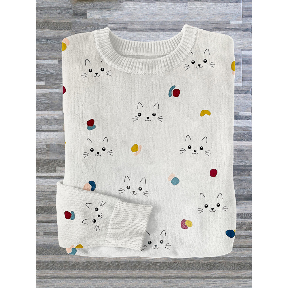 Cute Cat Face Graphic Crew Neck Cozy Sweater