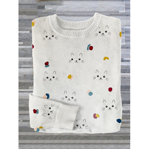 Cute Cat Face Graphic Crew Neck Cozy Sweater