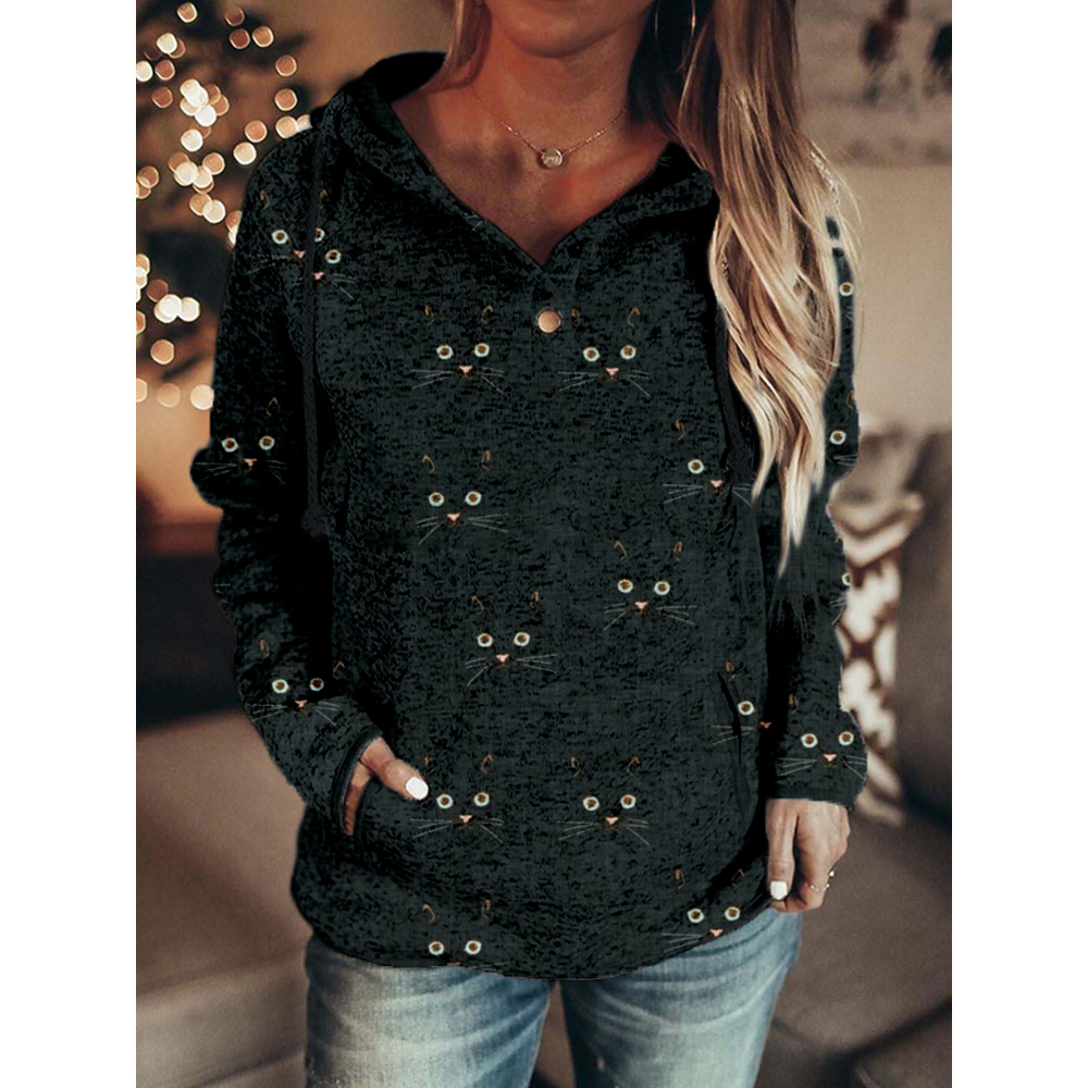 Cute Cat Face Pattern Button Comfy Hoodie