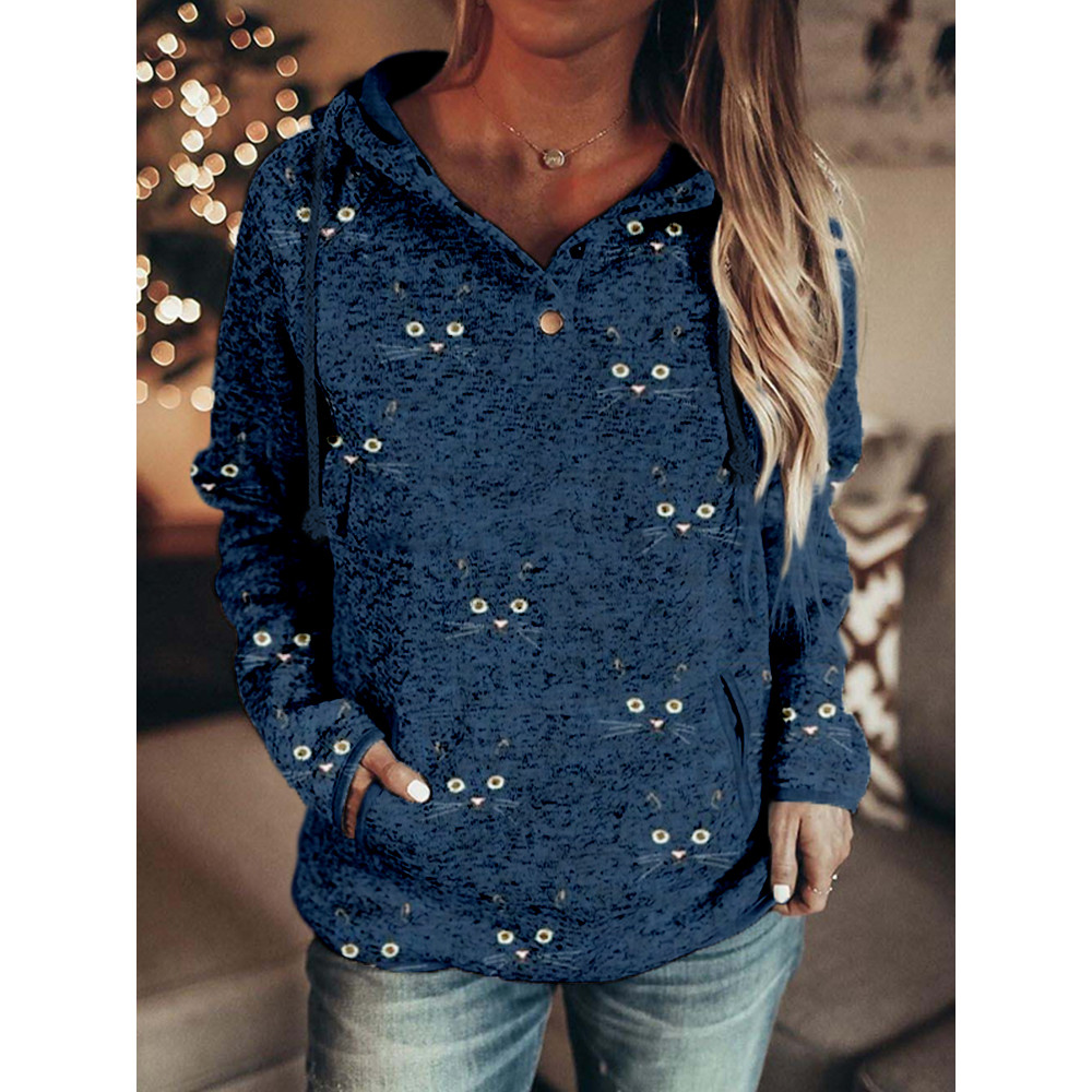 Cute Cat Face Pattern Button Comfy Hoodie