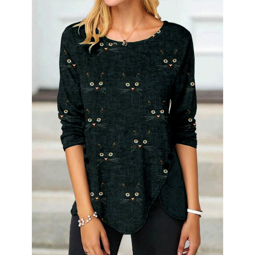 Cute Cat Face Pattern Button Slit T Shirt