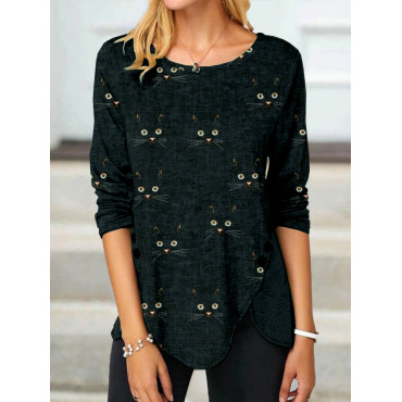 Cute Cat Face Pattern Button Slit T Shirt