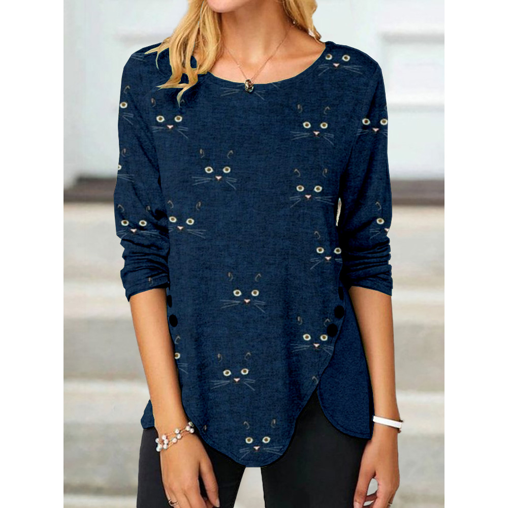 Cute Cat Face Pattern Button Slit T Shirt
