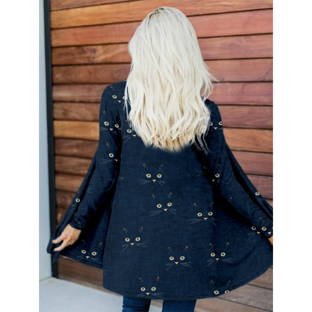 Cute Cat Face Pattern Casual Flowy Cardigan
