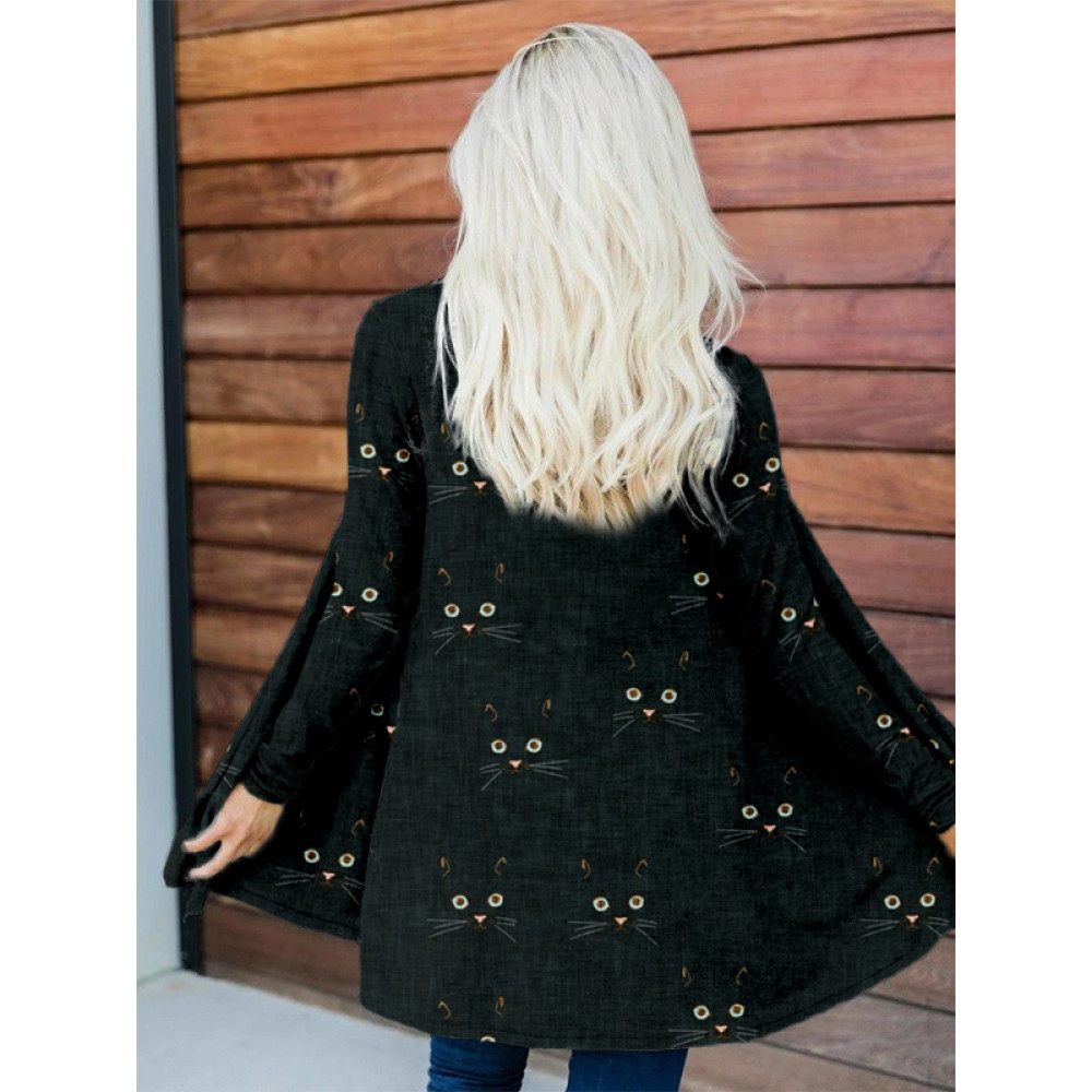 Cute Cat Face Pattern Casual Flowy Cardigan