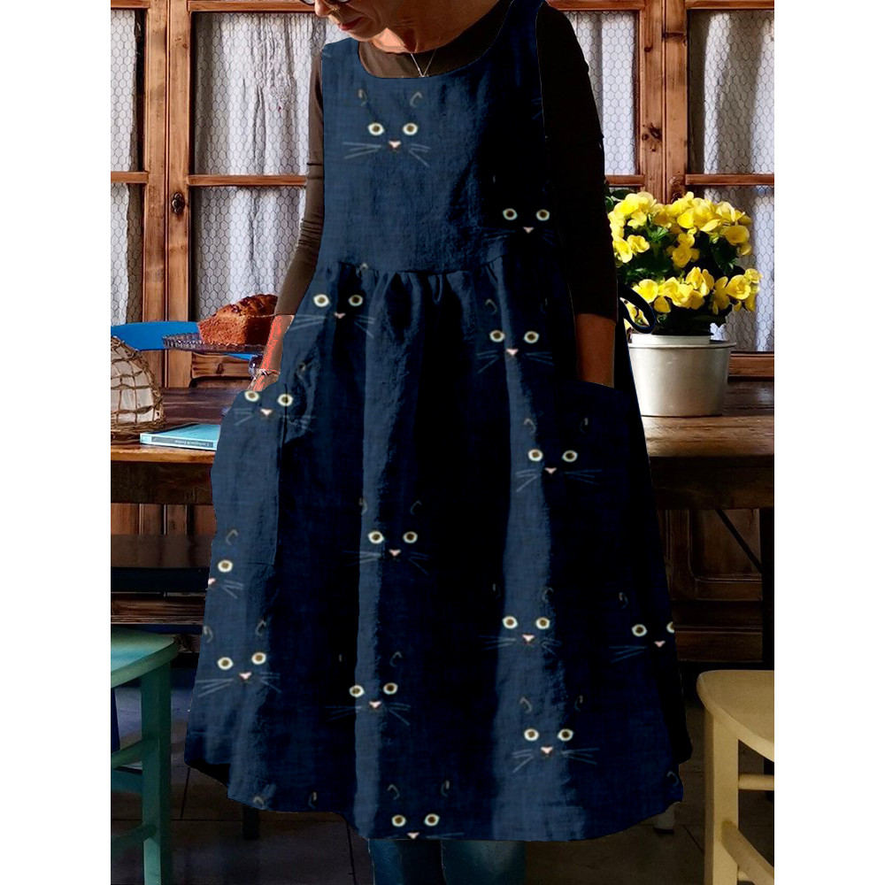 Cute Cat Face Pattern Comfy Midi Pinafore Dress