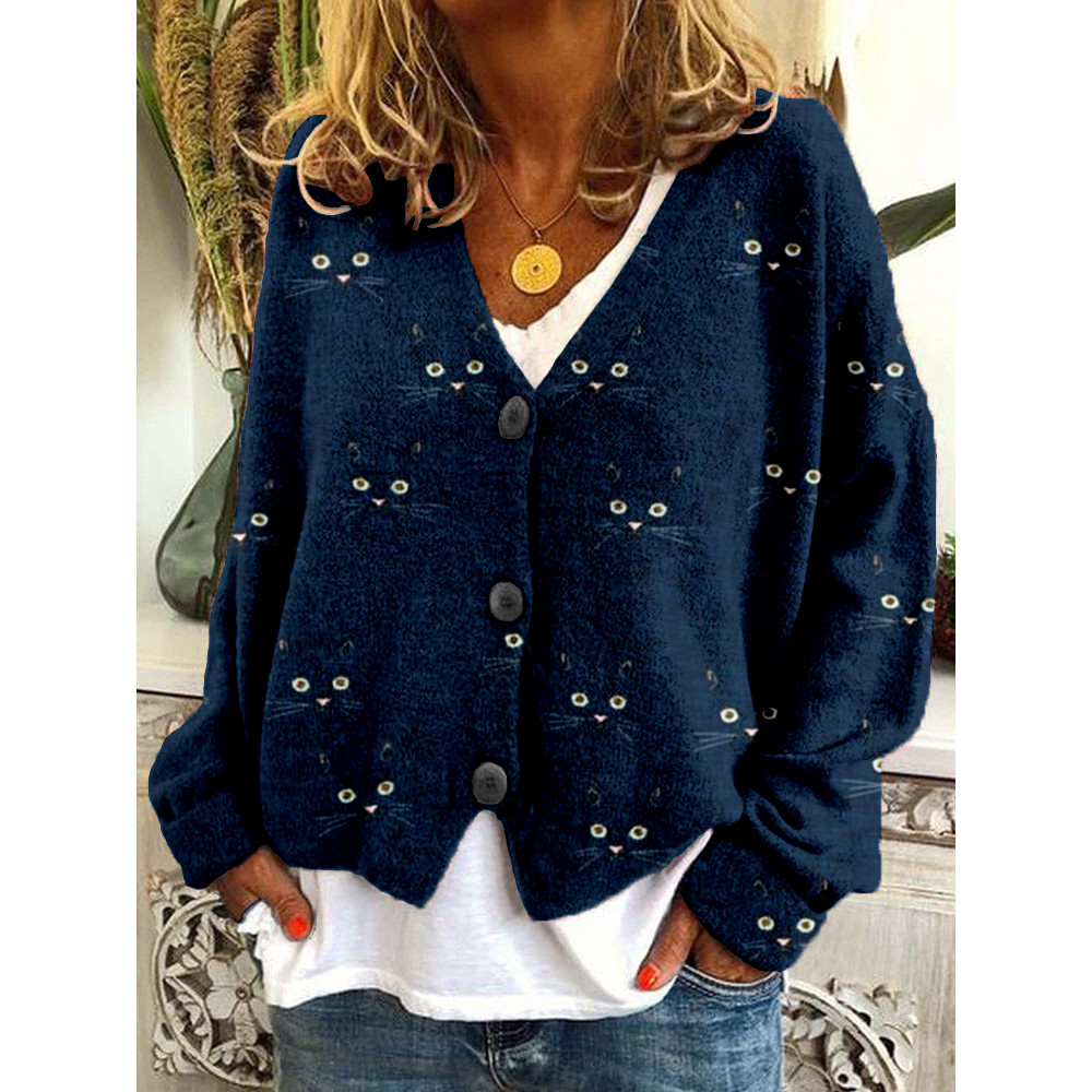 Cute Cat Face Pattern Cozy Button Cardigan