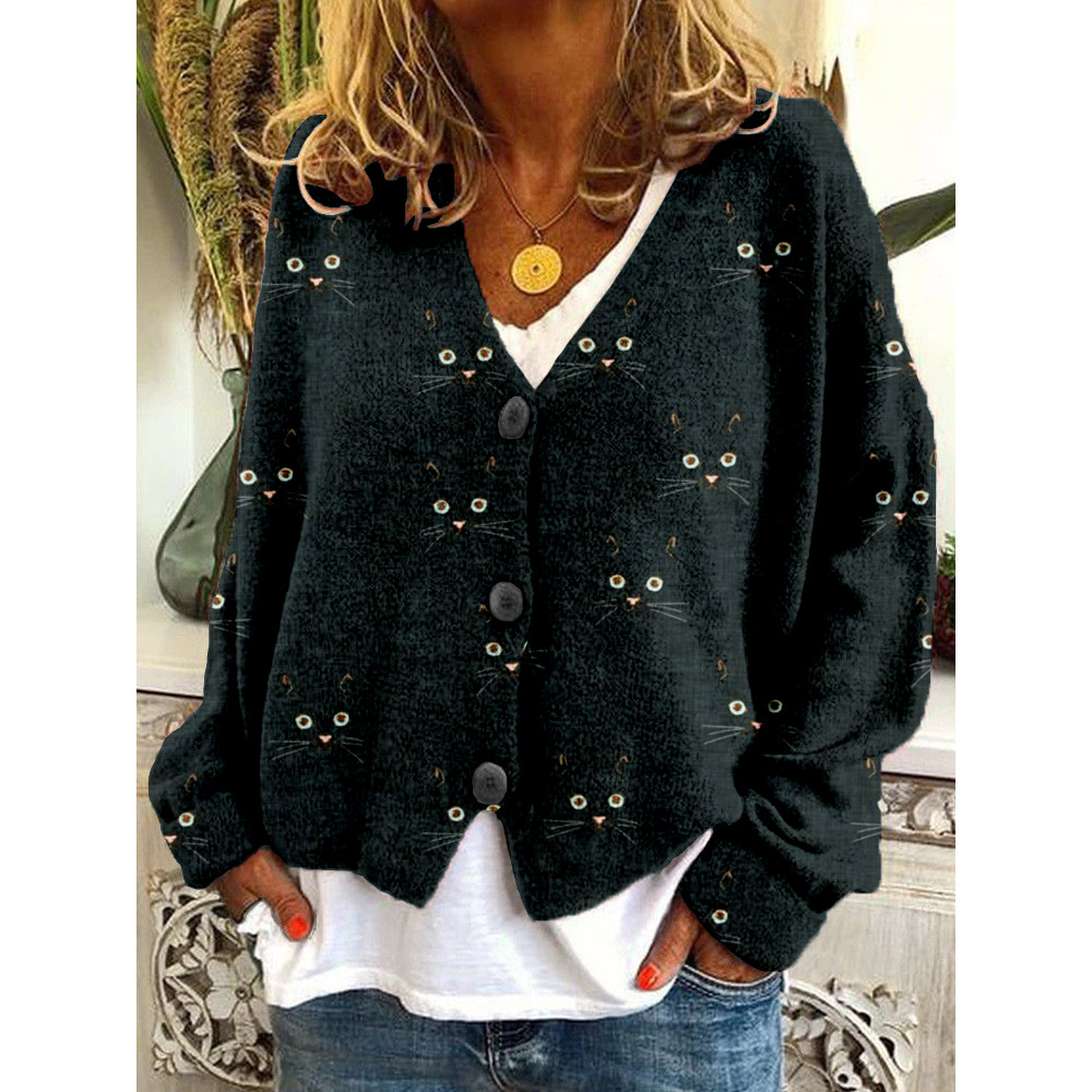 Cute Cat Face Pattern Cozy Button Cardigan