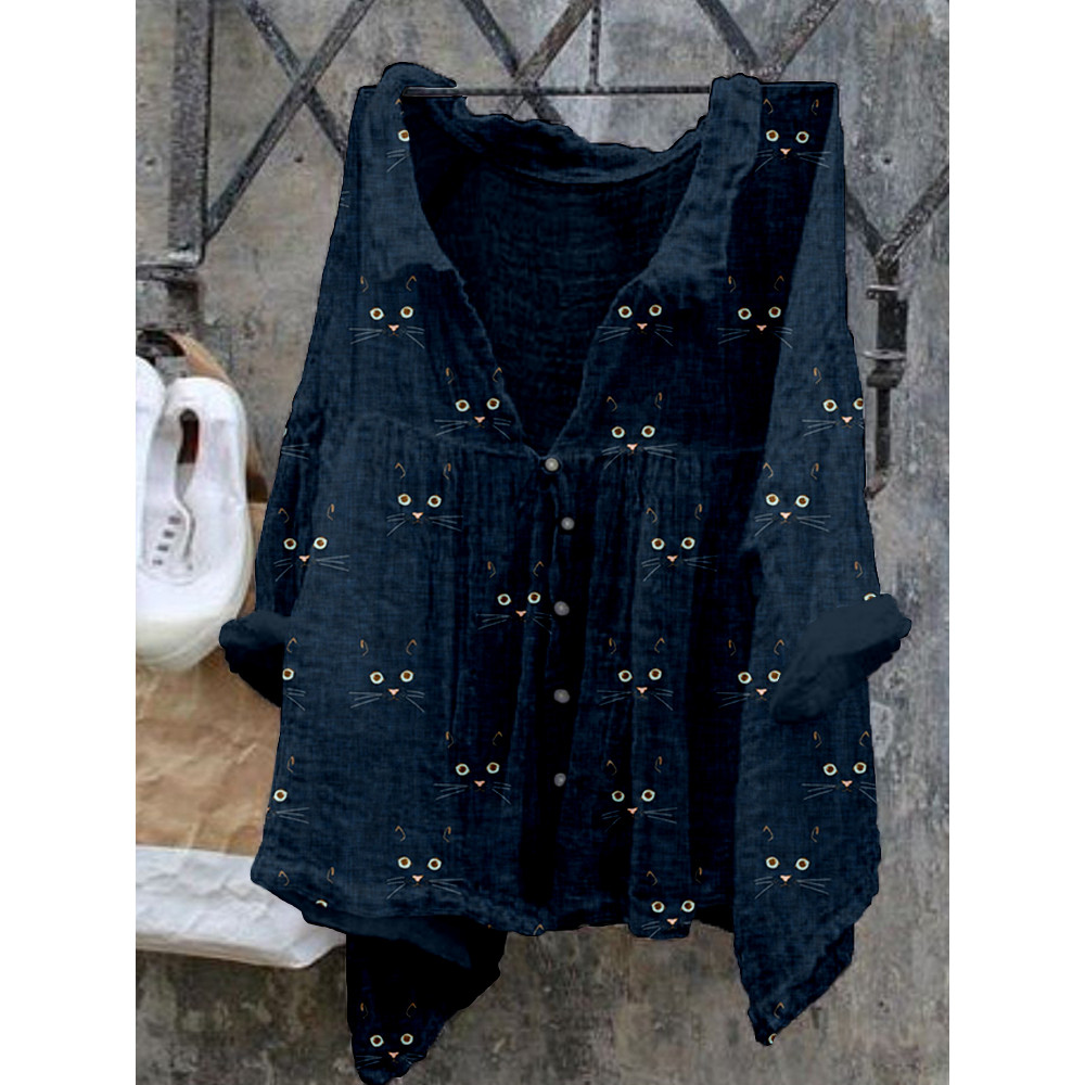 Cute Cat Face Pattern Cozy Flowy Shirt