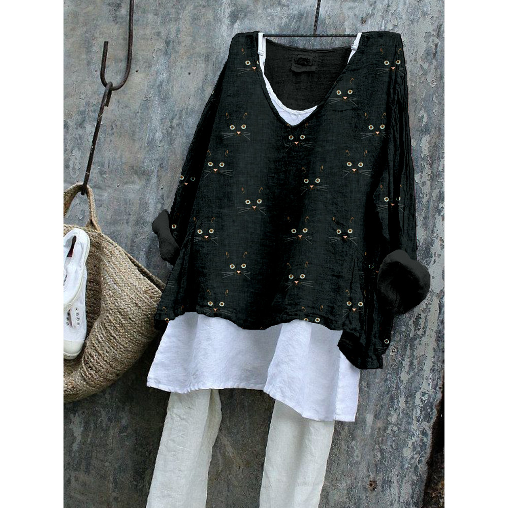 Cute Cat Face Pattern Cozy Flowy Tunic