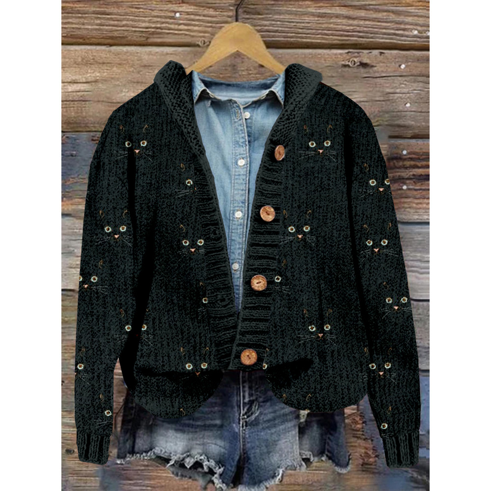 Cute Cat Face Pattern Cozy Hooded Button Cardigan