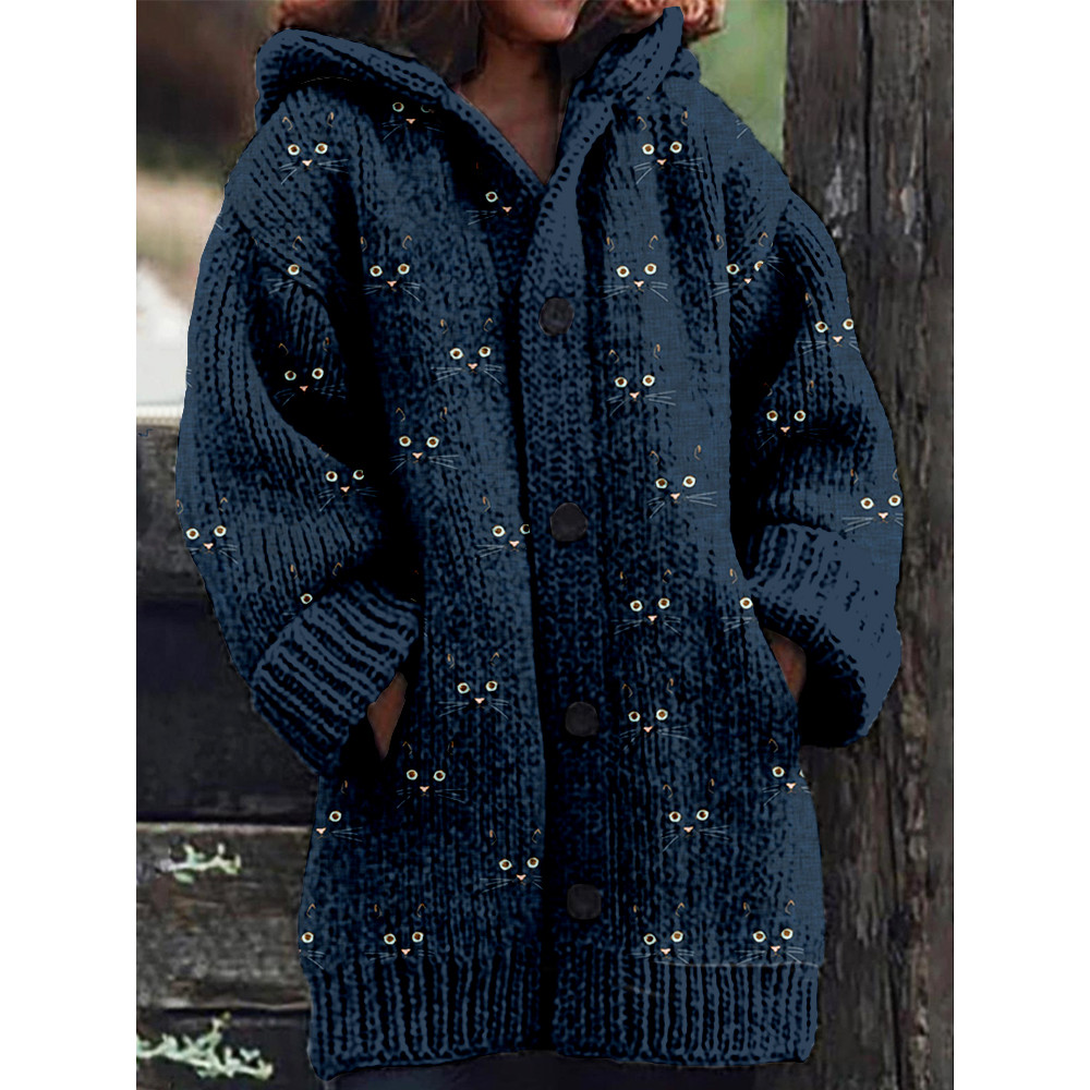 Cute Cat Face Pattern Cozy Hooded Knit Cardigan