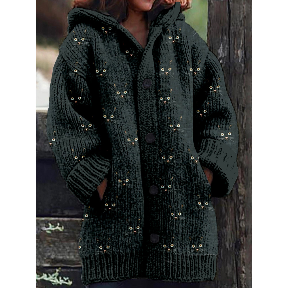 Cute Cat Face Pattern Cozy Hooded Knit Cardigan