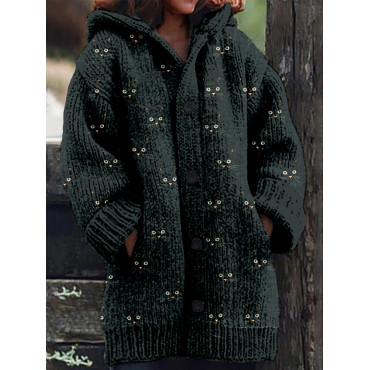Cute Cat Face Pattern Cozy Hooded Knit Cardigan