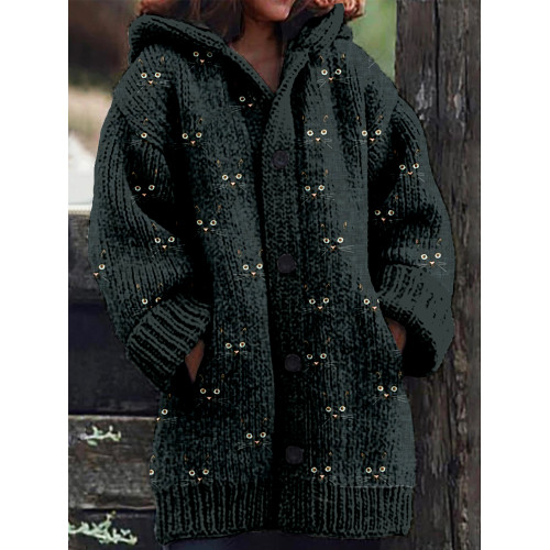 Cute Cat Face Pattern Cozy Hooded Knit Cardigan