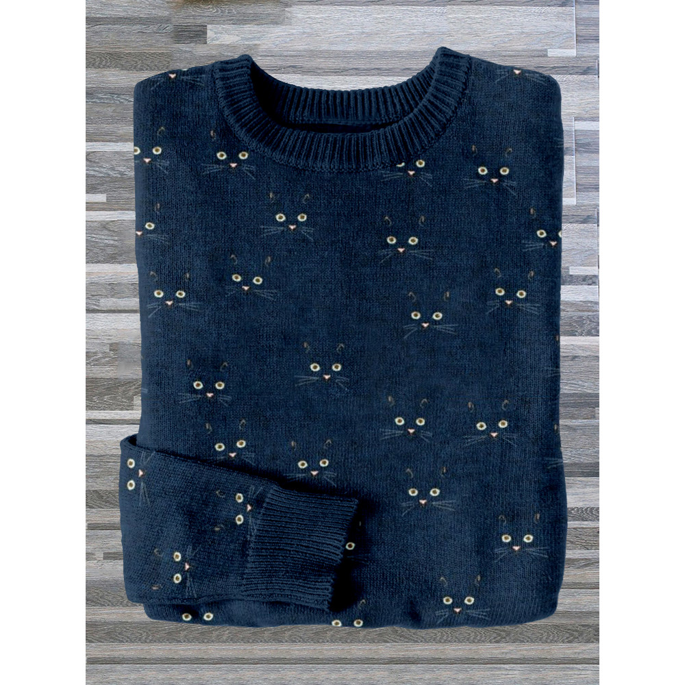 Cute Cat Face Pattern Cozy Sweater