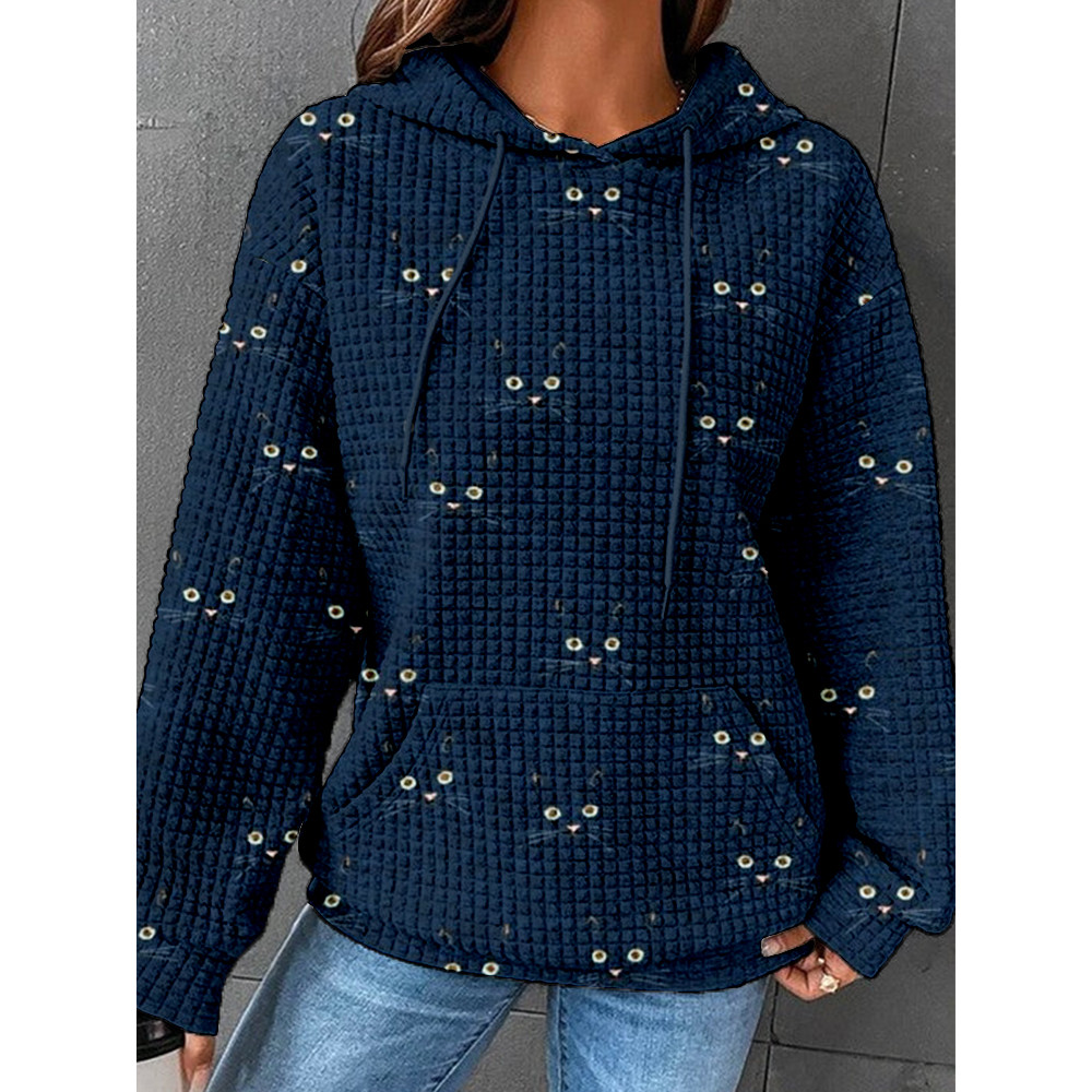Cute Cat Face Pattern Cozy Waffle Hoodie