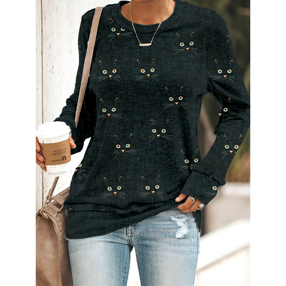 Cute Cat Face Pattern Crew Neck Casual Sweatshirt