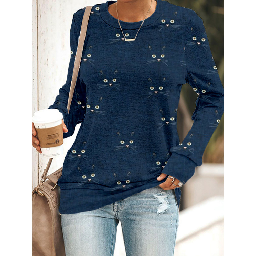 Cute Cat Face Pattern Crew Neck Casual Sweatshirt