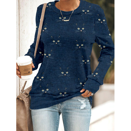 Cute Cat Face Pattern Crew Neck Casual Sweatshirt