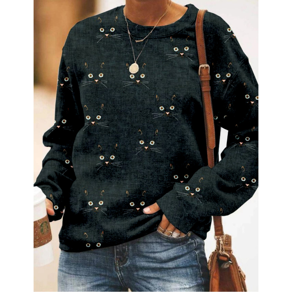 Cute Cat Face Pattern Crew Neck Comfy Sweatshirt