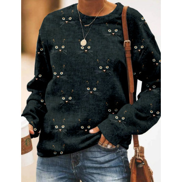 Cute Cat Face Pattern Crew Neck Comfy Sweatshirt