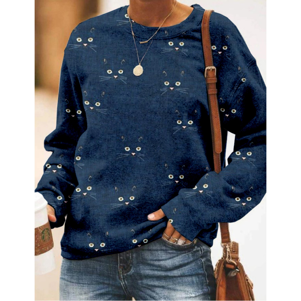 Cute Cat Face Pattern Crew Neck Comfy Sweatshirt