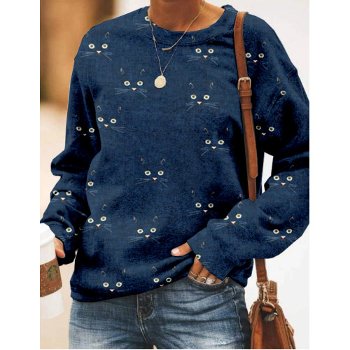 Cute Cat Face Pattern Crew Neck Comfy Sweatshirt