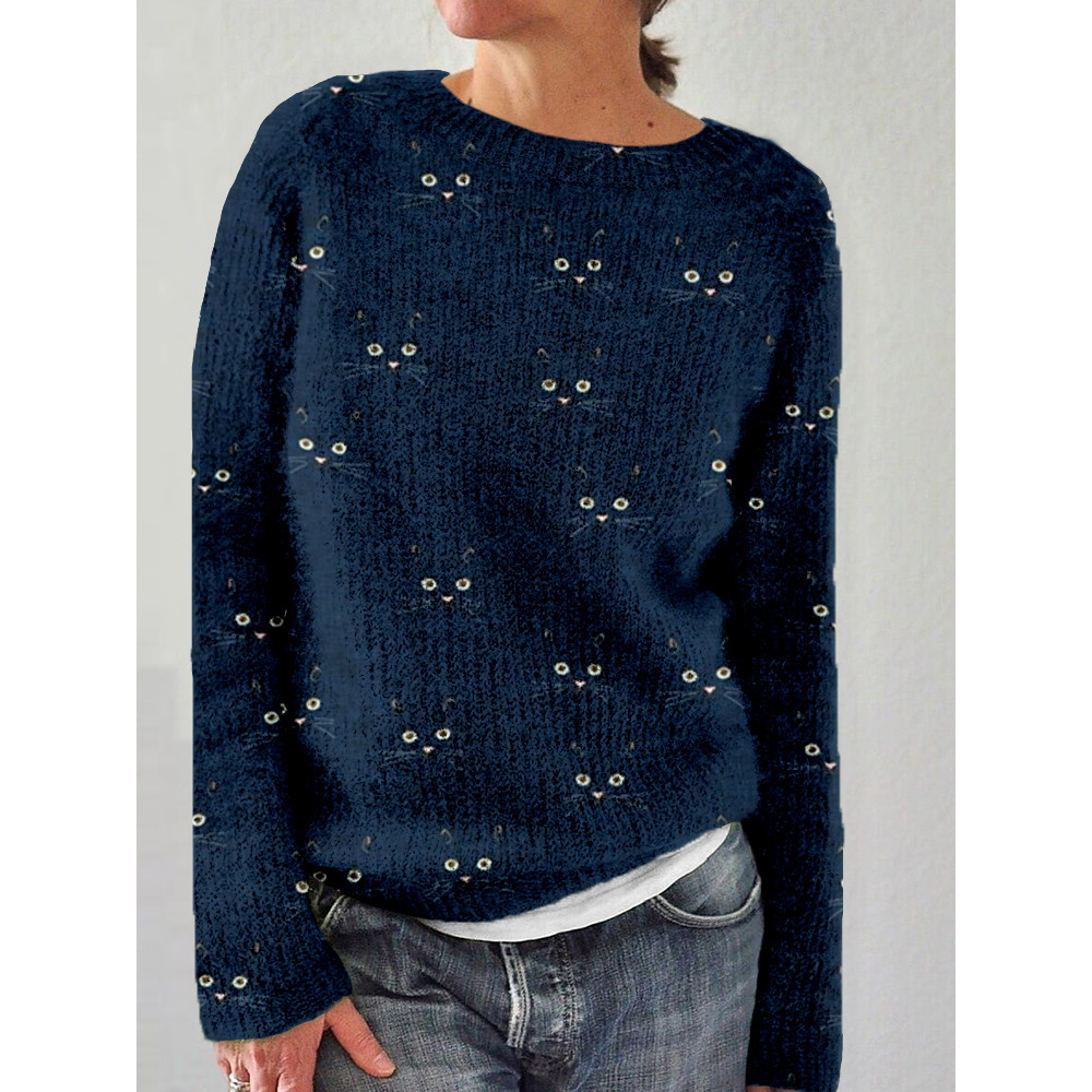 Cute Cat Face Pattern Crew Neck Cozy Sweater