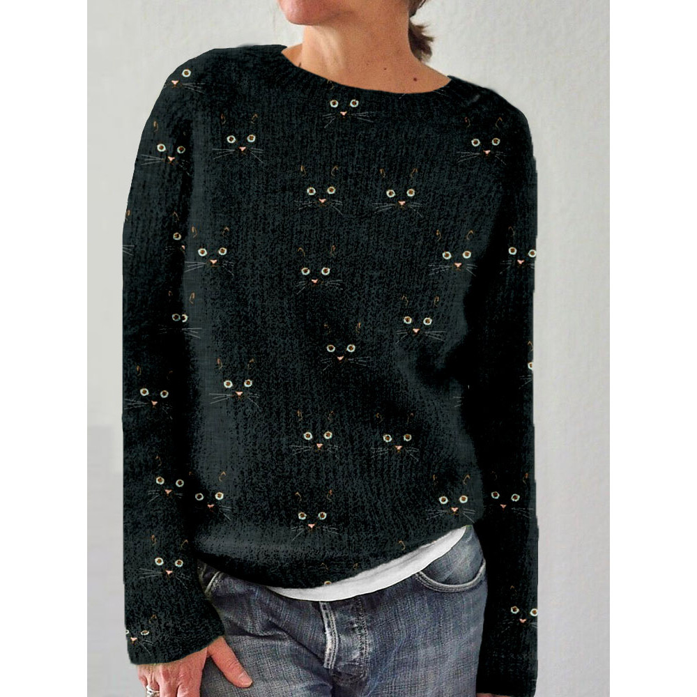 Cute Cat Face Pattern Crew Neck Cozy Sweater