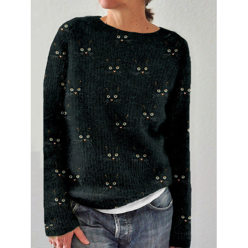 Cute Cat Face Pattern Crew Neck Cozy Sweater