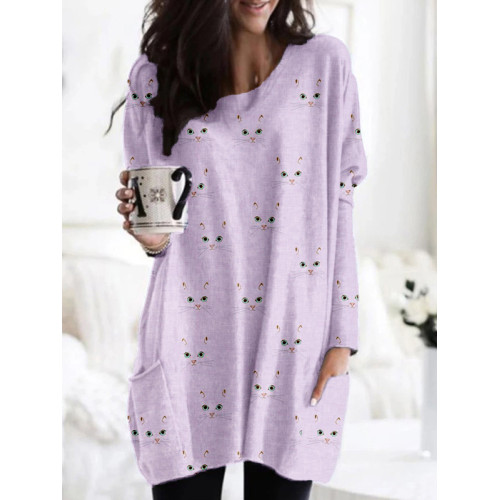 Cute Cat Face Pattern Elegant Comfy Tunic