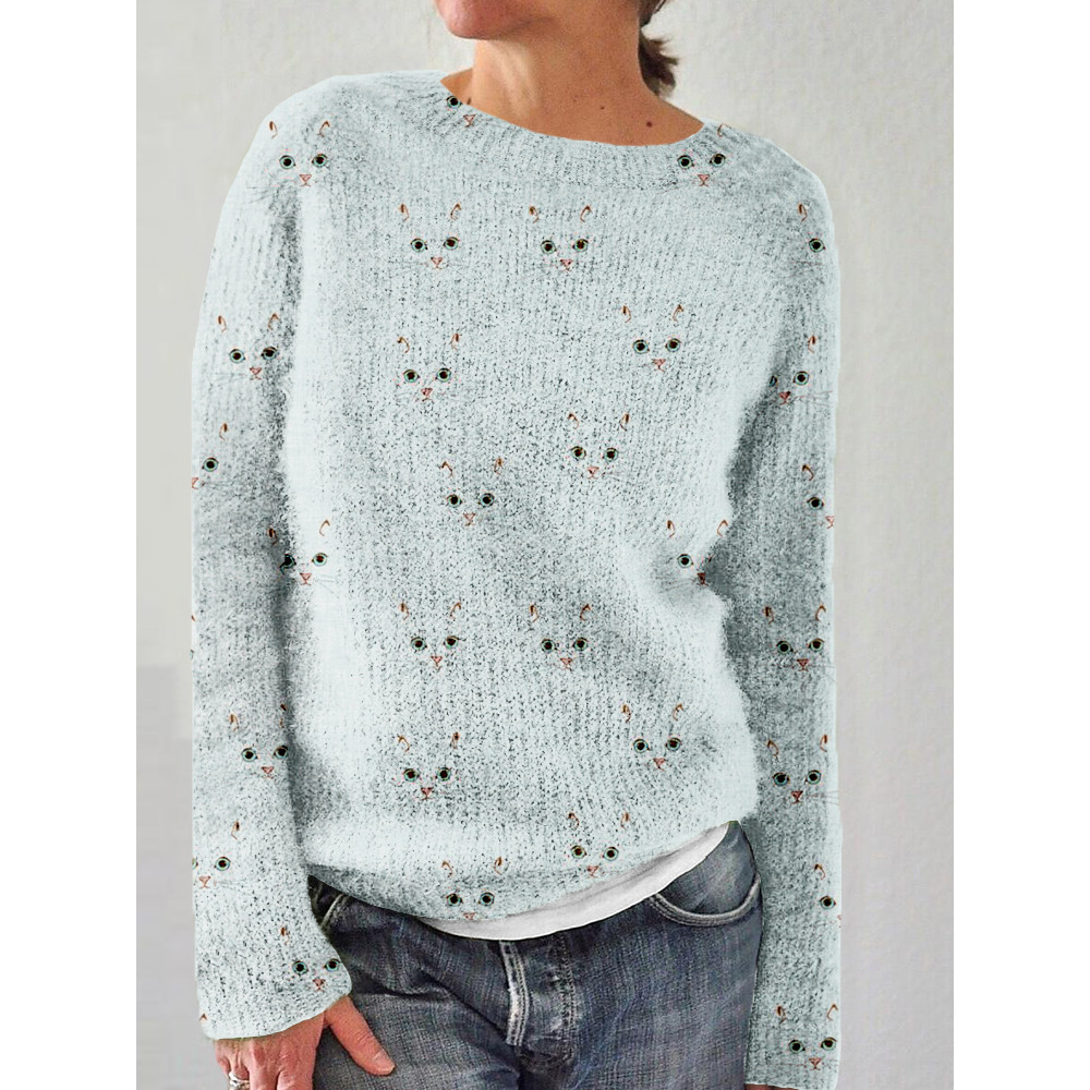 Cute Cat Face Pattern Elegant Cozy Sweater