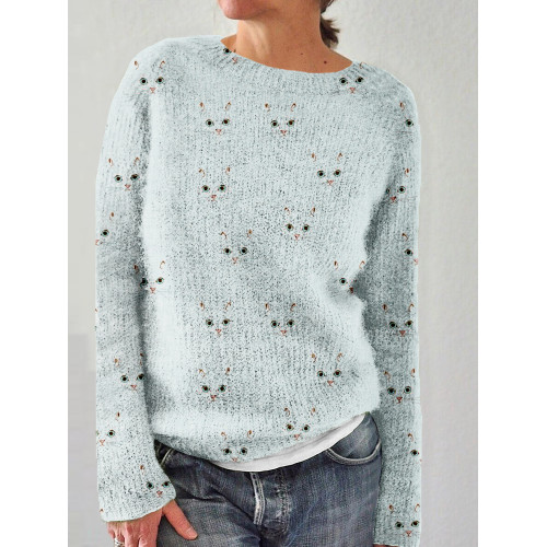 Cute Cat Face Pattern Elegant Cozy Sweater