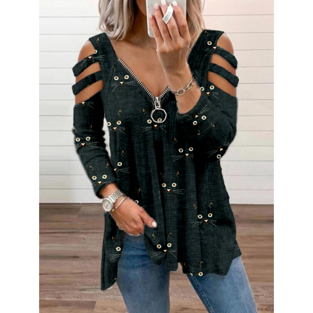 Cute Cat Face Pattern Hollow Shoulder Zip Up T Shirt