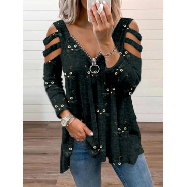 Cute Cat Face Pattern Hollow Shoulder Zip Up T Shirt