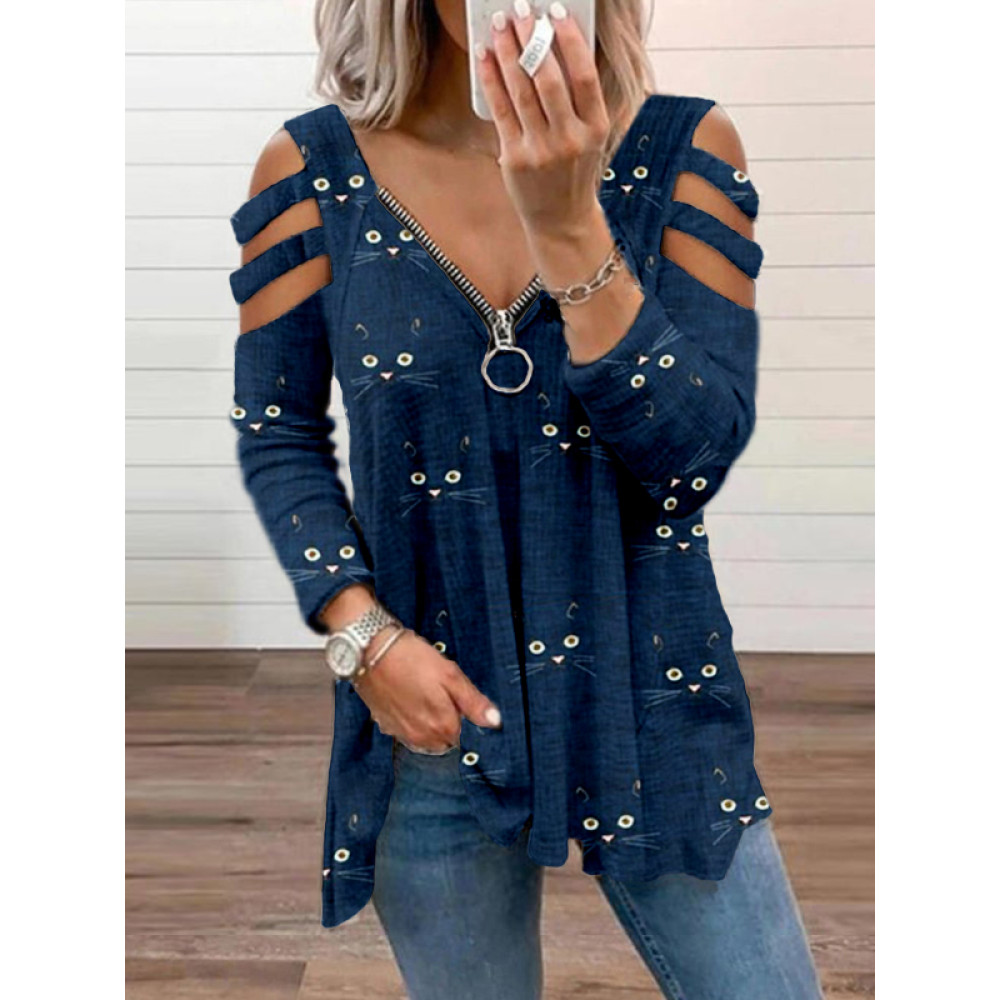 Cute Cat Face Pattern Hollow Shoulder Zip Up T Shirt