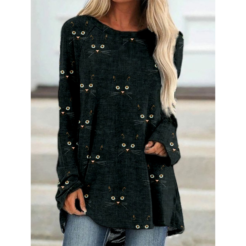 Cute Cat Face Pattern Long Sleeve A Line T Shirt