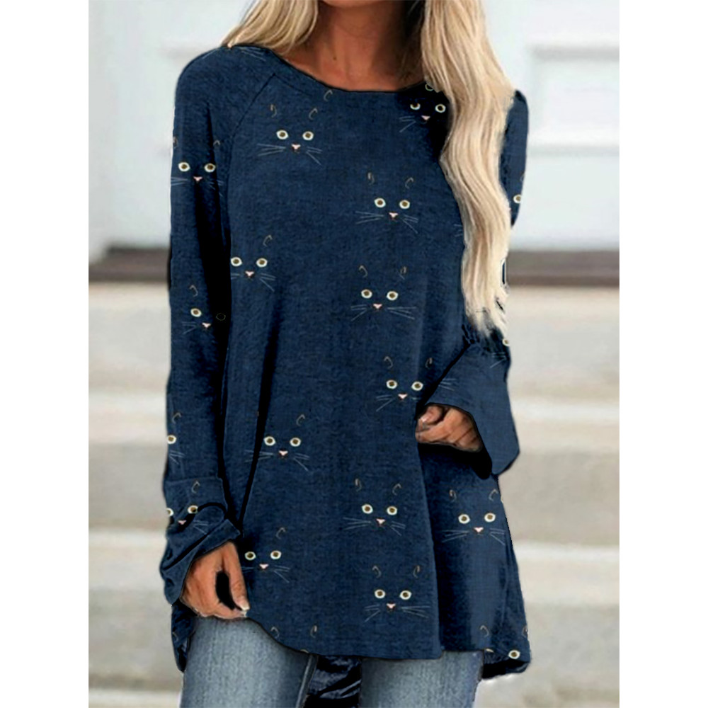 Cute Cat Face Pattern Long Sleeve A Line T Shirt