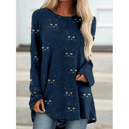 Cute Cat Face Pattern Long Sleeve A Line T Shirt