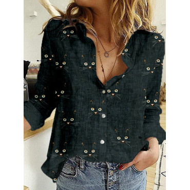 Cute Cat Face Pattern Long Sleeve Casual Blouse